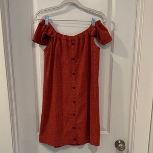 Madewell Off-Shoulder Button-Down Dress in Red XS